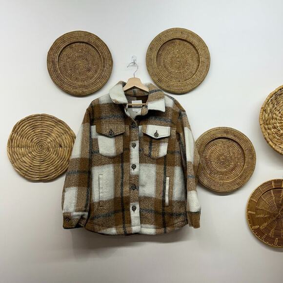 Avec Les Filles Neutral Brown White Plaid Flannel Shacket Shirt Jacket Medium - Picture 1 of 5